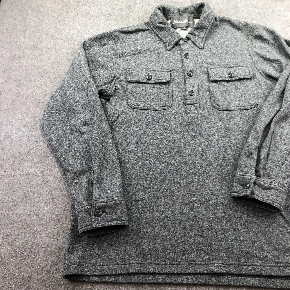 Eddie Bauer Sweater Mens Large Gray Henley Collar Thermal Knit Pullover Pockets - Picture 2 of 9